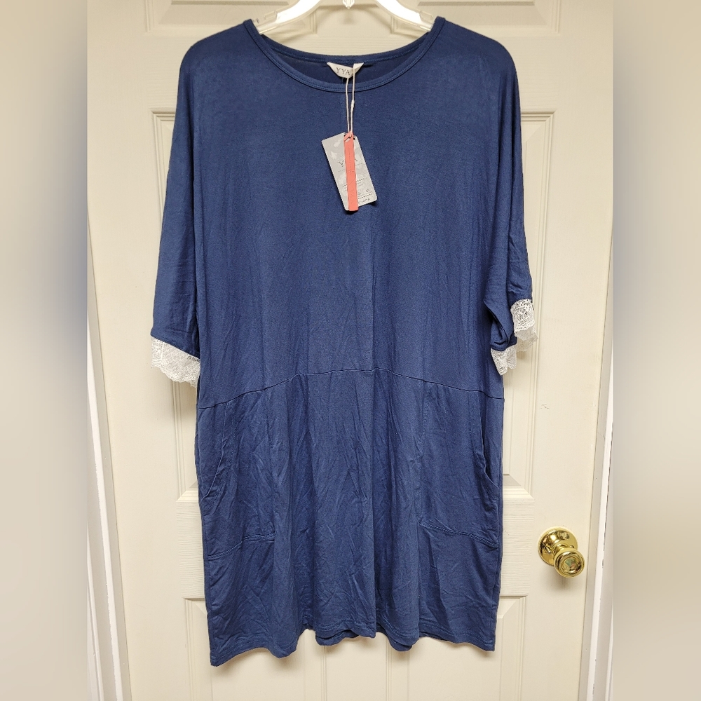 YYA Womens Plus Blue and Lace Sleeve Sleepware/Loungeware Dress 2XL